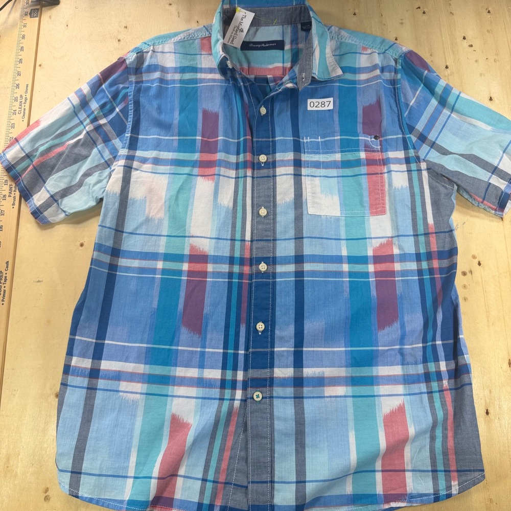 Tommy Bahama Mens L Relaxed Fit Ikat Plaid Button Up Shirt Blue Short Sleeve